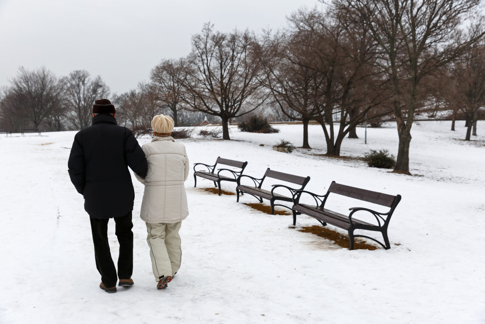Photo of elderly couple walking in the park in snowstorm