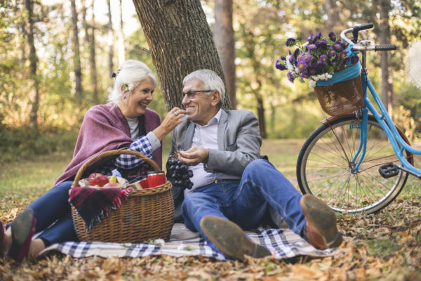 Happy mature couple having picnic